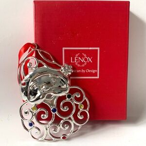 Lenox Sparkle & Scroll Multi Crystal Silver Plate Christmas Tree Ornament in box